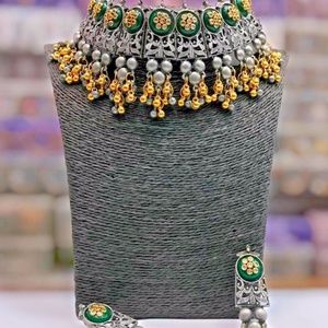 Ethnic Bollywood Style Design Silver Oxidized Choker Necklace Indian Jewelry Set